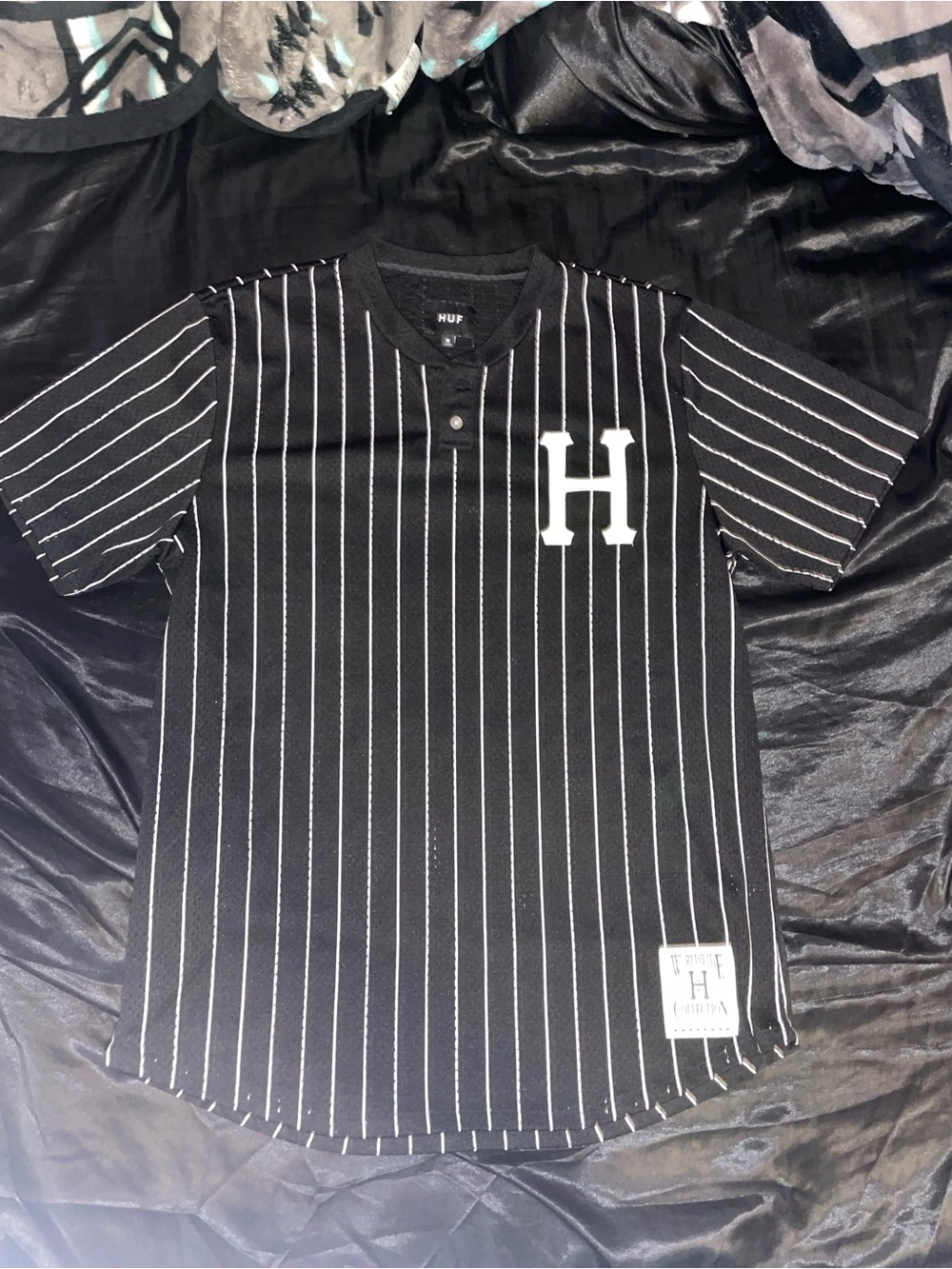 HUF Black Pinstripe Baseball-Style Jersey with White 'H' Logo